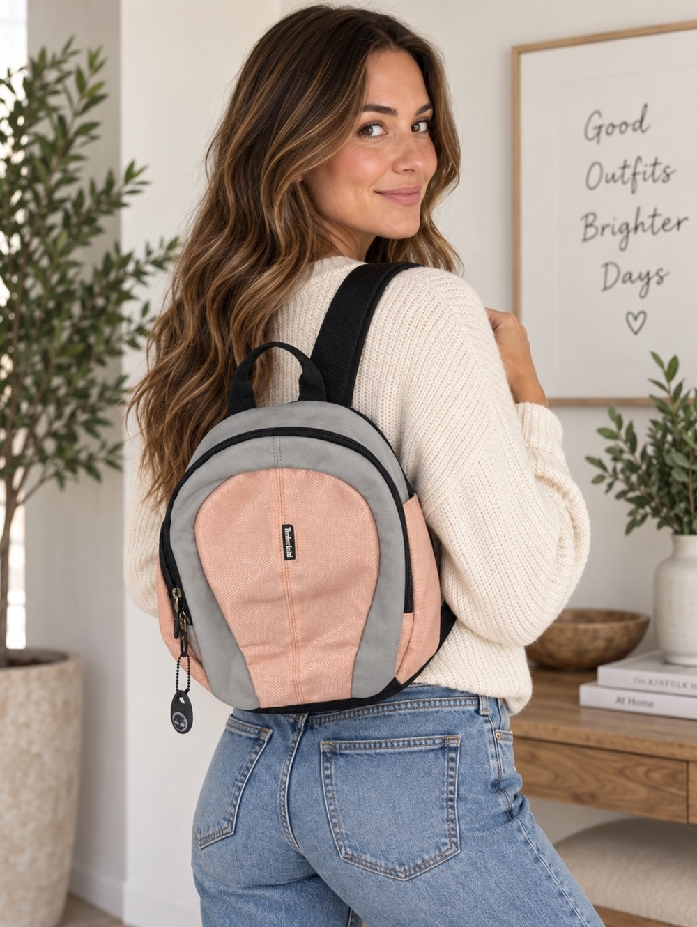 Timberland Mini Backpack Pink Gray Adjustable Straps Casual